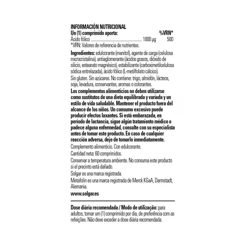 Folato (Metafolin) 1000mcg 60 comprimidos Solgar