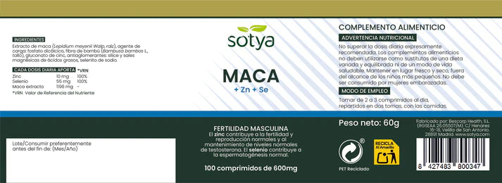 Maca+Zinc+Selenio 600mg 100 comprimidos Sotya
