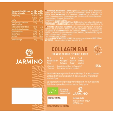 Barrita de Colageno Cacahuetes y Cacao BIO 12x55g Jarmino