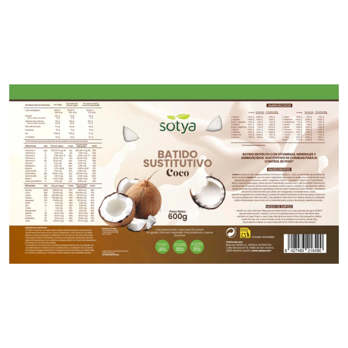 Batido saciante sustitutivo Coco 600g Sotya